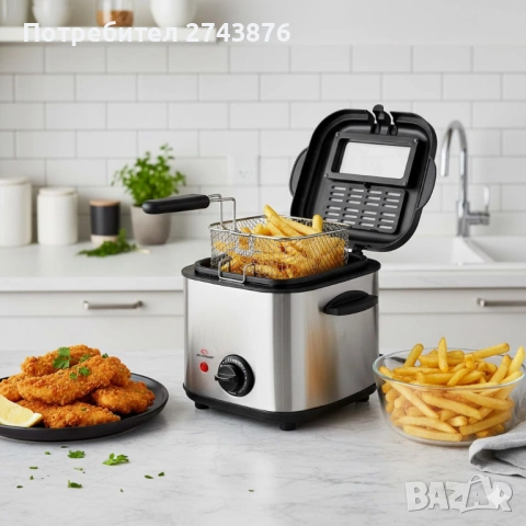 Фритюрник ЕК-051SS, 1,5 Литра, 1000W, Koшница с дръжка, Терморегулатор 0-190°С 