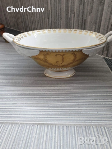 Dresden фруктиера 31см-2кг/Дрезден стара немска порцеланова купа с дръжки-лебеди, снимка 5 - Вази - 53506505
