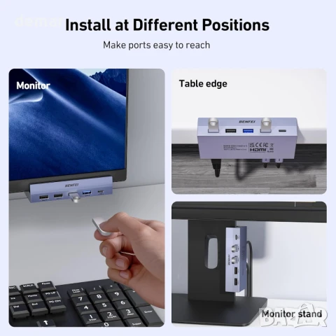BENFEI 8-в-1 USB C хъб със сигурна скоба – 4K/60Hz HDMI, 2 x USB-A 3.2, снимка 6 - Кабели и адаптери - 51171175