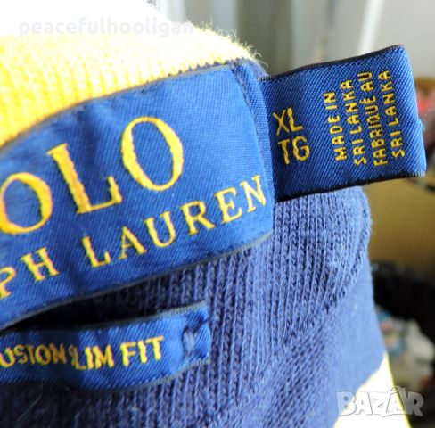 Polo Ralph Lauren Vintage 90’s Pique Rugby Shirt Men’s Yellow/Blue Striped XL, снимка 14 - Блузи - 45265055