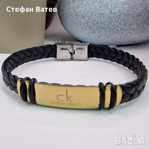 Мъжка кожена гривна „CK“ от медицинска стомана с 18 карата златно покритие