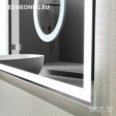 Oгледало за Баня 80 x 60 см, с LED осветление 3 CCT, Часовник - Термометър, Увеличително огледало , снимка 4 - Огледала - 53872699