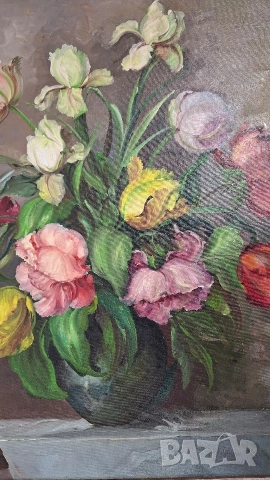 Стара картина Натюрморт с цветя - масло върху платно, в барокова рамка, снимка 2 - Картини - 52681609