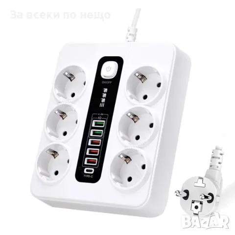 Разклонител Sumker, 6 контакт, 5 бр. USB, 1 бр. C конектор, 220V, 3000W, 10A, бял, снимка 2 - Аксесоари и консумативи - 48389878