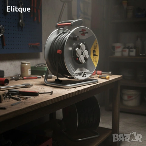 Електрически удължител с макара KraftRoyal 50m — здрава поцинкована конструкция, 4 гнезда , снимка 2 - Друга електроника - 53356615