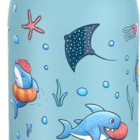 Детска бутилка за вода Ion8, стомана 400 мл, устойчива на течове, дизайн на акули, синьо, снимка 1 - Други - 45623139