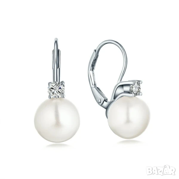 Изящни Сребърни Обеци проба 925 с Цирконий и Бяла Перла 8 мм, снимка 1