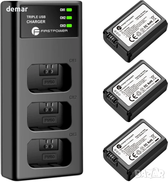 FirstPower NP-FW50 Комплект от 3 батерии и зарядно устройство с три слота за Sony, снимка 1