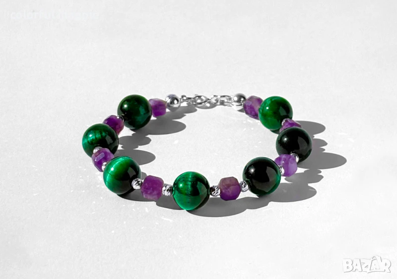 Дамска сребърна гривна с аметис и зелено тигрово око, снимка 1