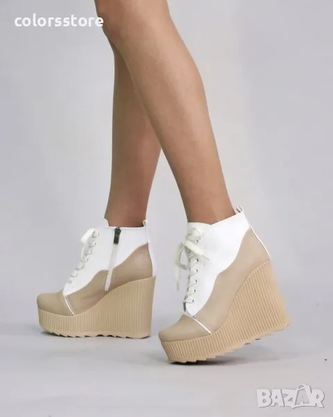 Боти на платформа - бяло с бежово кожа - NO5, снимка 1