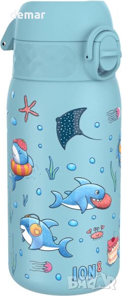 Детска бутилка за вода Ion8, стомана 400 мл, устойчива на течове, дизайн на акули, синьо, снимка 1