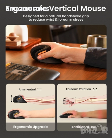 ProtoArc Ергономична мишка EM11 NL Bluetooth презареждаща безжична вертикална връзка с 3 устройства, снимка 7 - Клавиатури и мишки - 51912037