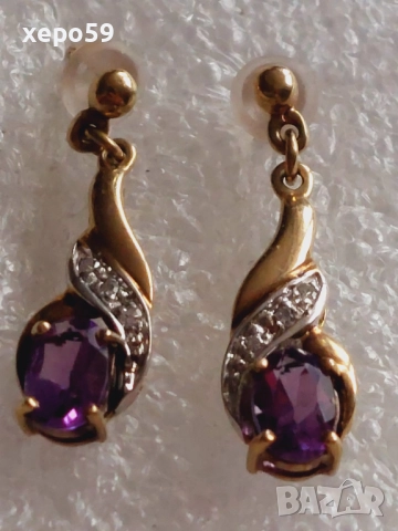 Златни дамски обеци с диаманти и аметисти,злато 375 