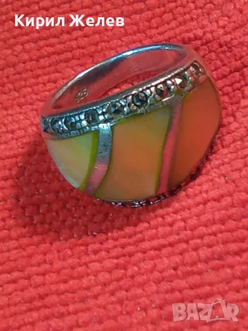 КРАСИВ СРЕБЪРЕН ПРЪСТЕН СРЕБРО 925 ИНКРУСТИРАН с ШЛИФОВАН КРАЛСКИ СЕДЕФ и ФАСЕТИРАНИ МАРКАЗИТИ 48581, снимка 14 - Пръстени - 49344047