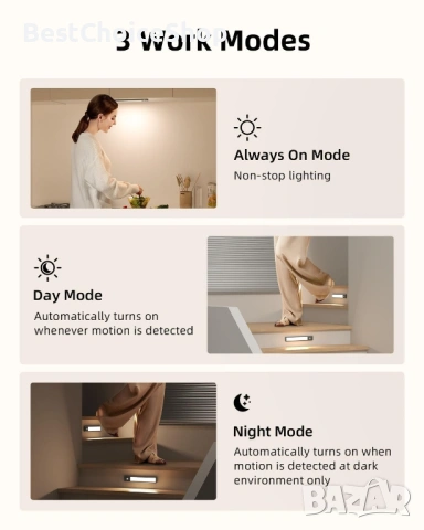 комплект от 2 броя LED лампи с вграден PIR сензор за движение, регулируема яркост и 3 цветни режима, снимка 11 - Лед осветление - 53267103