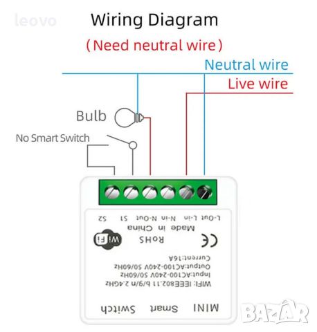 Миниатюрен Wi-Fi SMART прекъсвач.  220V, 16A.  Българско упътване, снимка 10 - Друга електроника - 45155439