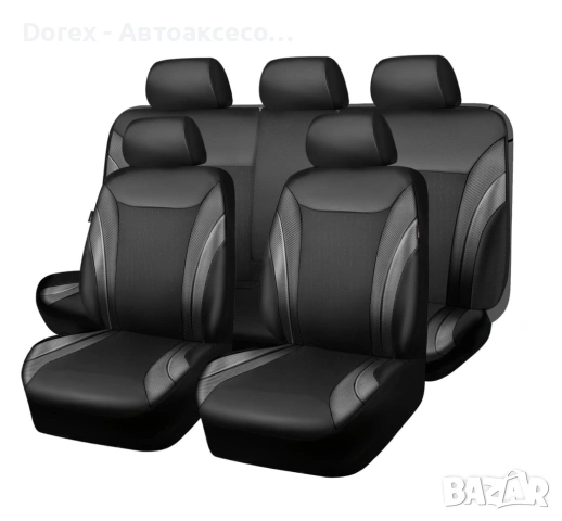 Луксозна автомобилна тапицерия 9 части - черна с карбон ефект, еко кожа и дишащ текстил