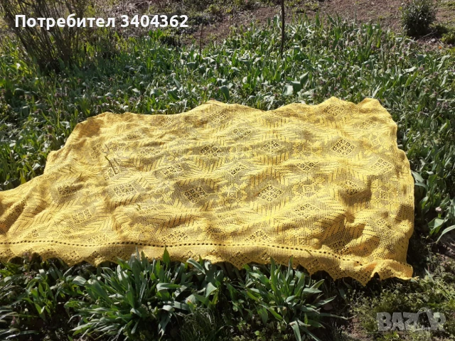 Стара голяма жълта покривка плетена на една кука, снимка 3 - Антикварни и старинни предмети - 50910220