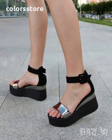 Сандали на платформа - черен велур с бронз лак - 336

, снимка 2 - Сандали - 50780061