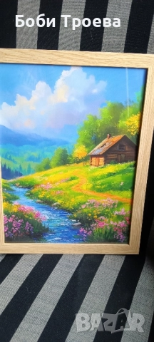 Стилна сцена за стенна декорация - с рамка, с живописен пейзаж с рустична къща и планини, снимка 2 - Картини - 51977628
