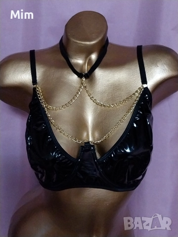 1XL Черен сутиен от лак / винил /със златист синджир с чокър , снимка 5 - Бельо - 52450685