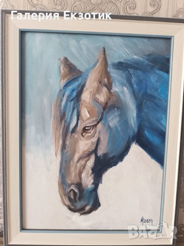 Маслена картина "Синьо конче" с авторско стихче към нея