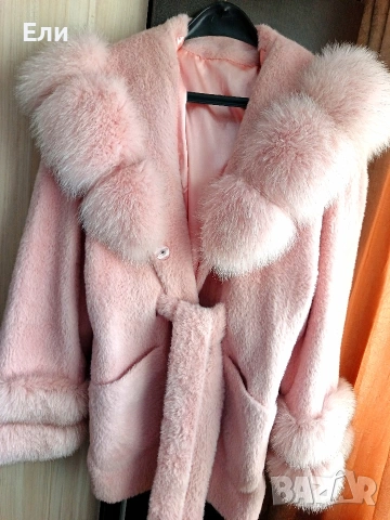 Палто алкантара с лисица естествен косъм 