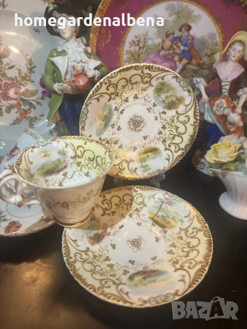 Антика Coalport England Circa 1827 – Порцеланова чаша с чинийка | Ръчно рисувани пейзажи, снимка 4 - Декорация за дома - 54059981