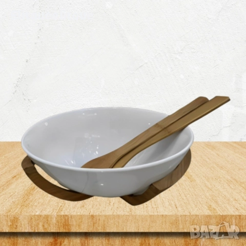 Луксозен комплект за салата с керамична купа и дървени аксесоари, снимка 2 - Други стоки за дома - 52186367