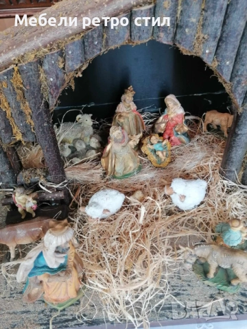 Винтидж ръчно изработен комплект от естествено дърво и декориран със слама. Рождество Христово., снимка 2 - Антикварни и старинни предмети - 52653365