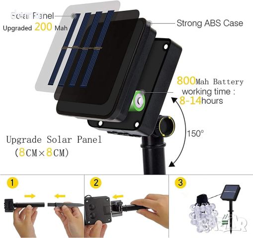 Външни соларни приказни светлини Bollengold, 12M 100LED, 8 режима, водоустойчиви, многоцветни, снимка 2 - Соларни лампи - 45623729