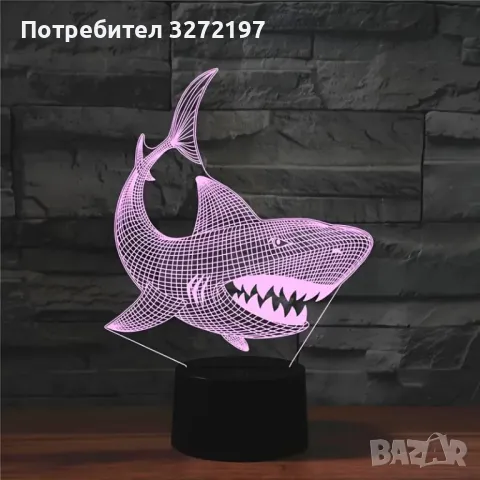 Холограмна 3D LED лампа Акула-дистанционно управление 16 цвята+други режими на управление, снимка 3 - Настолни лампи - 49575593