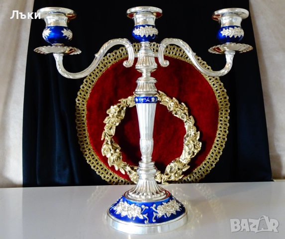 Посребрен троен свещник,рози,кобалт,рококо. 