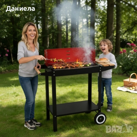 Градинско барбекю на колела, емайлирана стомана, 4 степени + Подарък 3 прибора
