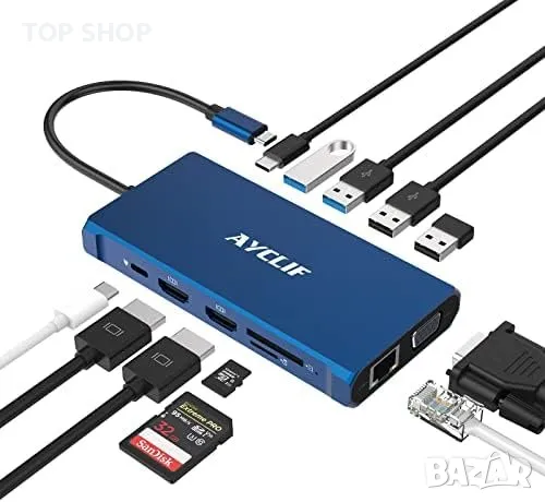 Нов 12-портов USB-C хъб с HDMI, VGA, Ethernet, 100W PD, 4 USB и четец за SD/TF карти, снимка 1 - Друга електроника - 49451235