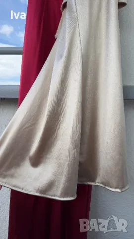 Официална бежева сатенена рокля Loretti - размери XS и S, снимка 3 - Рокли - 48613757