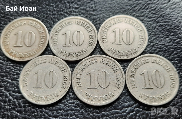 Стара монета/и 10 пфенига 1900,1901,1906,1907 и 1908 г. Германия , снимка 11 - Нумизматика и бонистика - 52396431