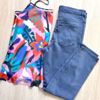 Цветен топ Carolina Biss & нов панталон Logg by H&M M/L размер, снимка 2 - Дънки - 45472000