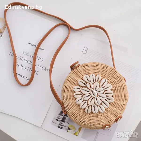 Кръгла сламена чанта с раковини, снимка 1