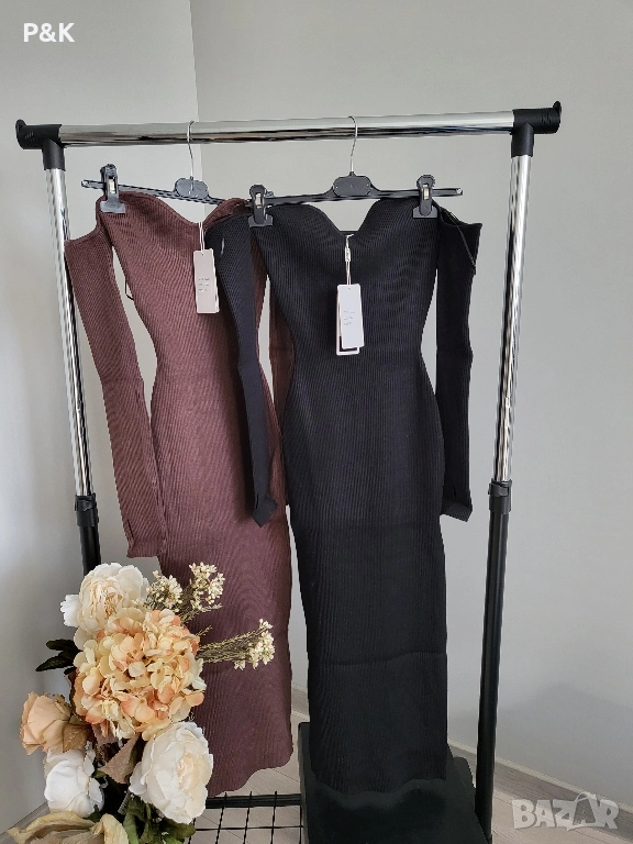 Рипс рокля с паднали рамене - миди дължина, снимка 1