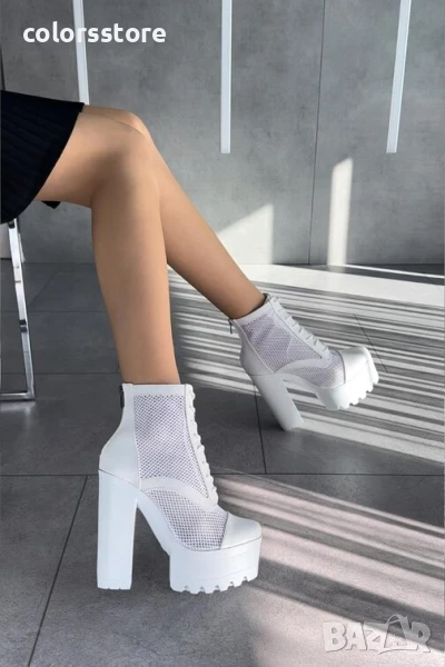 Летни боти на ток - бяла кожа с мрежа - 74-2 , снимка 1
