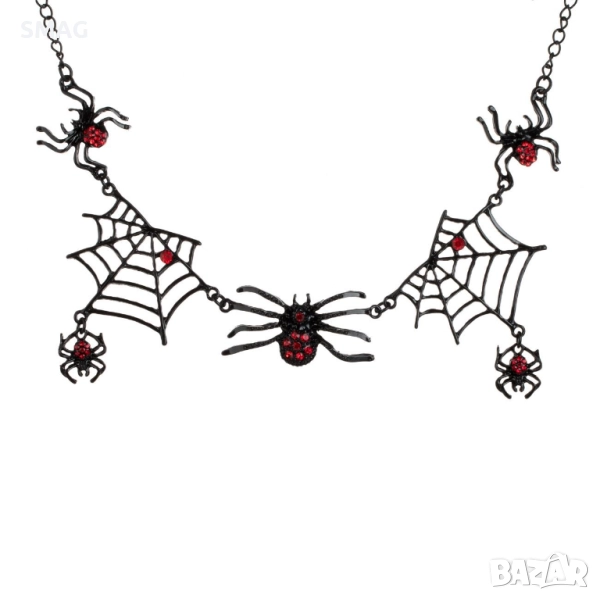 Карнавален аксесоар – готик колие в черно с паяци и червени камъчета (Halloween / Хел, снимка 1