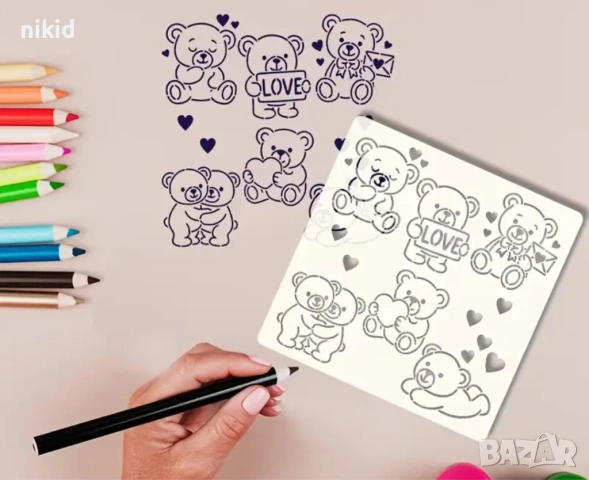 Мече Мечета Love стенсил шаблон спрей торта украса сладки Scrapbooking, снимка 3 - Други - 53661701