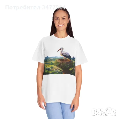 Тениска с пейзаж и щъркел, снимка 4 - Тениски - 49496747