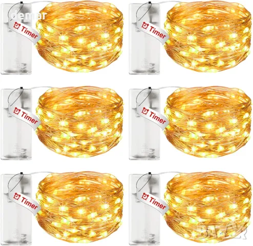 Коледни лампички на батерии с таймер, 6 броя по 3 метра/30 LED