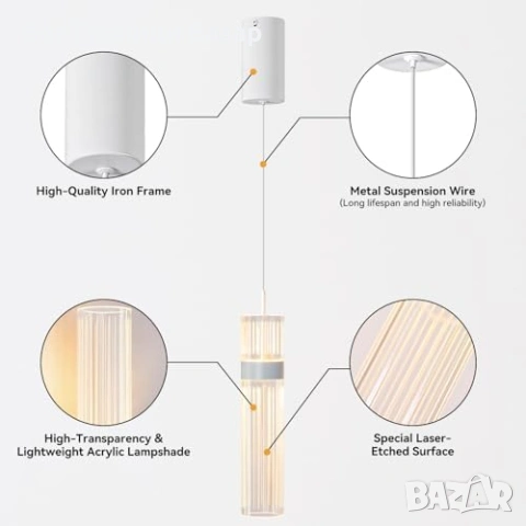 Ново LED висящо осветление цилиндър регулируема височина 150 см лампа 3 цвята светлина, снимка 4 - Лед осветление - 54206989