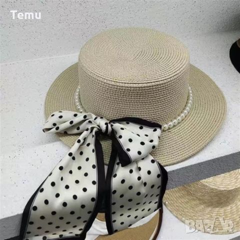 Елегнтна дамска сламена шапка в стилен дизайн с перли и пандела на точки, снимка 3 - Шапки - 46411717
