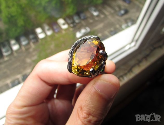 Сребърен пръстен с голям цитрин 22x16мм, 32 карата, снимка 2 - Пръстени - 45324469