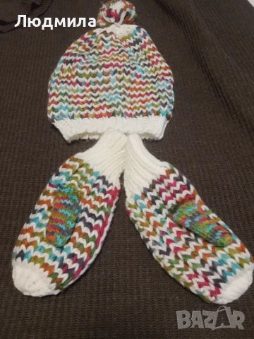 Шапка и ръкавици ,вълна ръчно плетени,комплект, снимка 4 - Шапки - 51005069