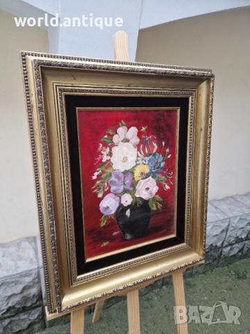 Красив антикварен авторски натюрморт масло върху платно , снимка 4 - Картини - 52990853